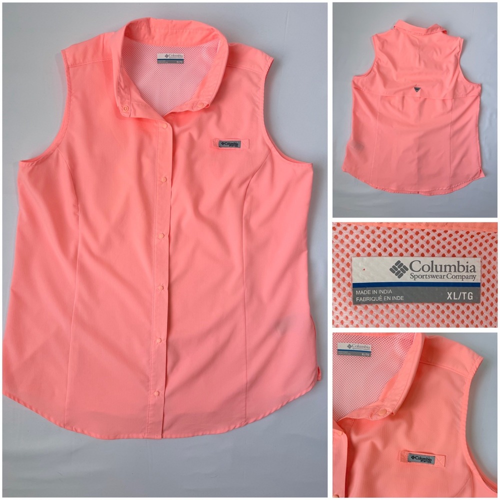 Columbia Womens XL PFG Sleeveless Fishing Shirt Coral Pink Vented Back